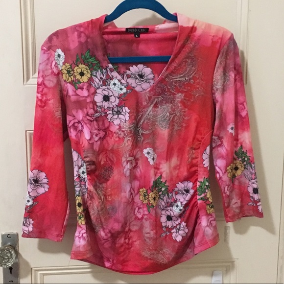 Beautiful Boho Chic Pink Ruched 3/4 Sleeve Top - Picture 1 of 7